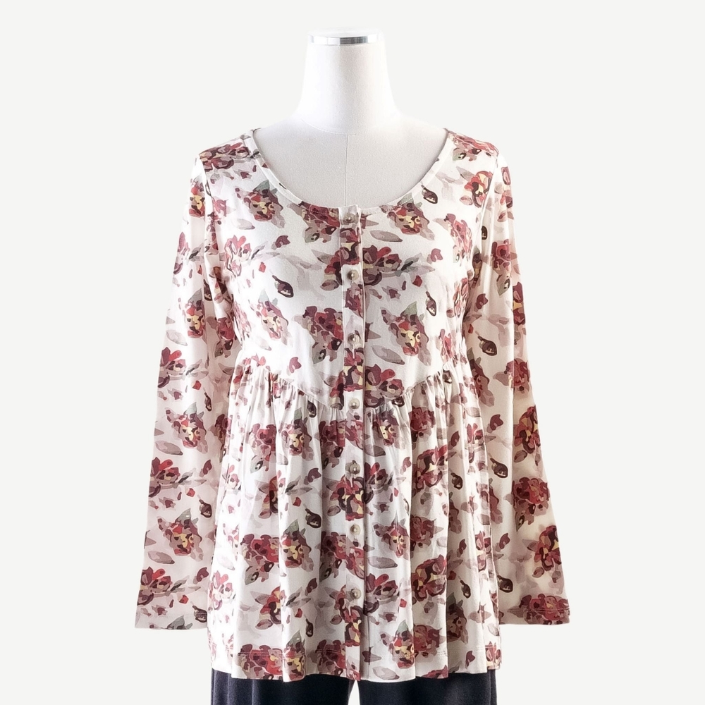 NWT Womens M Kate Quinn Button Front V-Waist Top Peplum Watercolor Floral Bambo